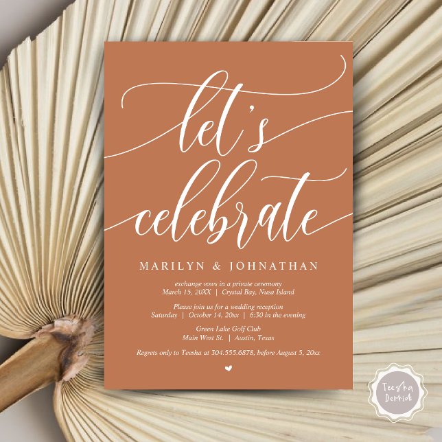 Låt oss Celebrate Bröllop Elopement Party, marinbl Inbjudningar (Let's Celebrate Wedding Elopement Dinner Lunch Brunch Party Invitation Card, PDF, in Copper Brown)