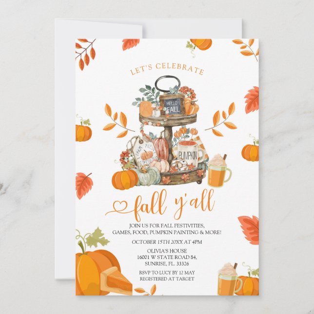 Låt oss Celebrate Fall Y'all Orange Pumpkin Party Inbjudningar (Framsida)