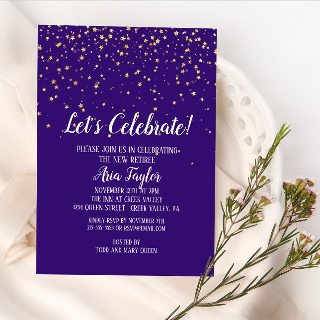 Låt oss Celebrate Guld confetti på Lila Party Inbjudningar (Skapare uppladdad)