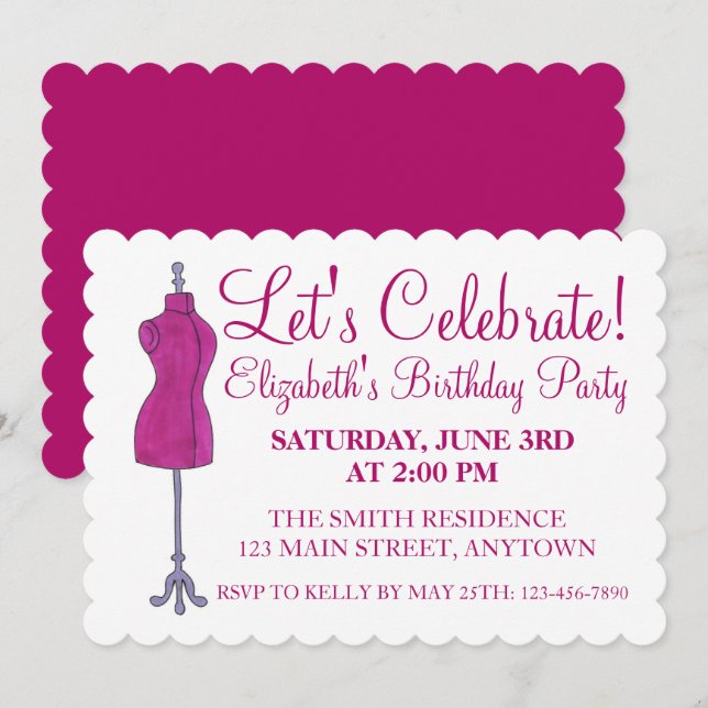 Låt oss Celebrate Rosa Sewing Dressform Mannequin Inbjudningar (Fram/baksida)