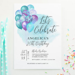 Låt oss Celebrate Teal Lila Balloons Birthday Inbjudningar