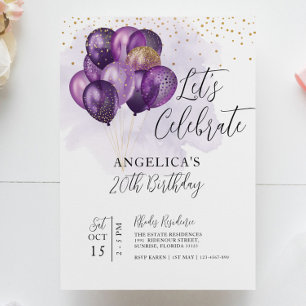 Låt oss Celebrate Violet Guld Bubons födelsedag Inbjudningar