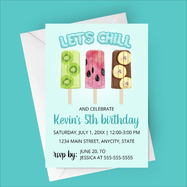 Låt oss Chill Fruit Pub Födelsedagsfest inbjudan (Let's Chill Birthday Party Invitation - Fruit Popsicle - Kiwi, Watermelon and Banana )