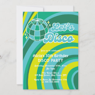 Låt oss Disco Groovy Wave Retro 70s Grönt Birthday Inbjudningar