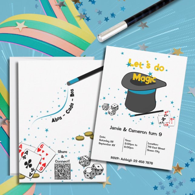 Låt oss do Magic Kids Joint Födelsedagsfest Inbjudningar (Let's do Magic Kids Joint Birthday Party Invitation, Black, White, Blue, Custom Text, Color)