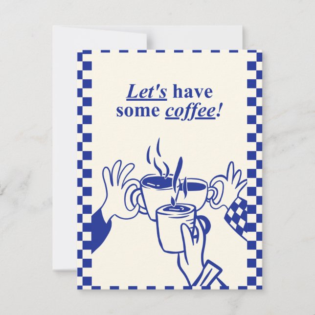 Låt Oss Dricka Lite Kaffe Söt Retro Blå Rutig Aes Anteckningskort (Framsida)