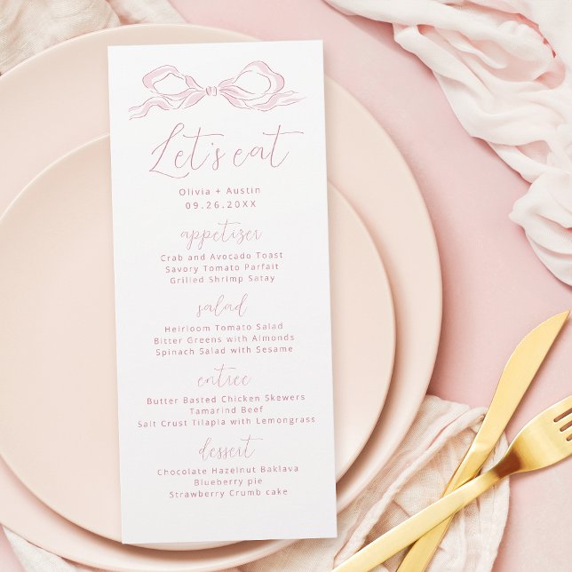 Låt oss Eat Elegant Rosa Hand plockade Bow Bröllop Meny (Let's Eat Elegant Pink Hand Drawn Bow Wedding Menu)