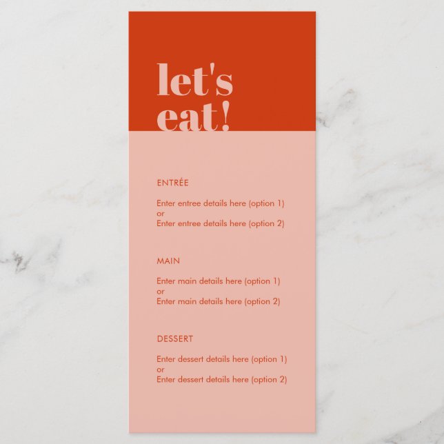 Låt oss Eat Modern Minimalist Orange Bröllop Menu Meny (Framsida)