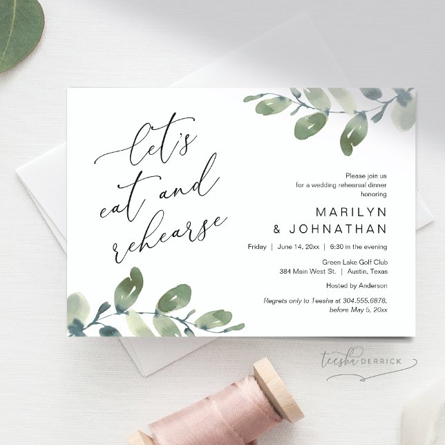 Låt oss Eat och Rehearse, Bröllop Rehearsal Dinner Inbjudningar (Let's Eat and Rehearse, Romantic Rehearsal Dinner Invitation Card, Greenery Eucalyptus. Downloadable)