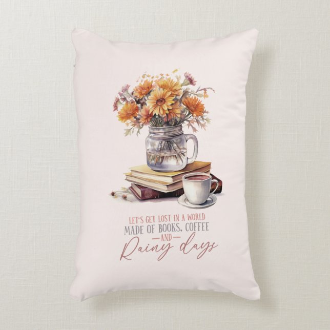 Låt oss få Borttappad - Bokar, kaffe och regnbåge Prydnadskudde (Framsidan(Vertikal))