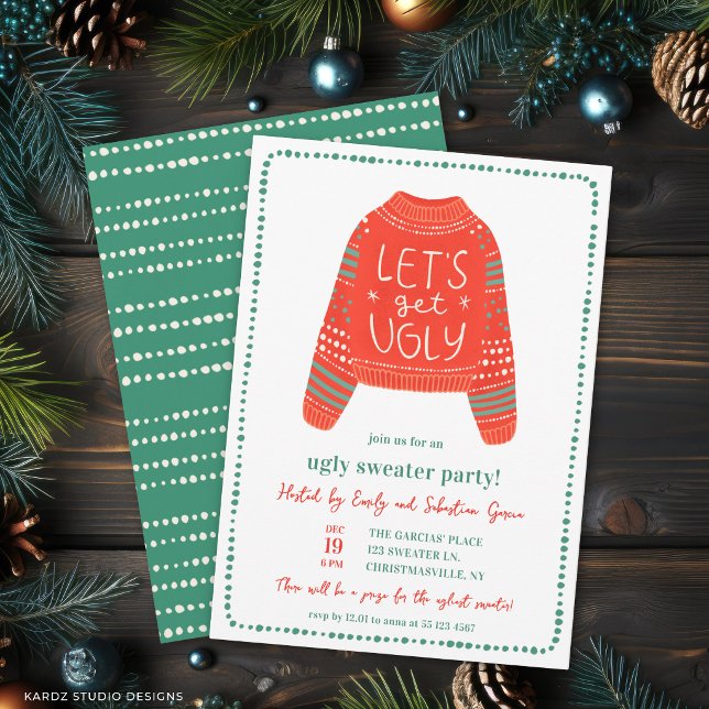 Låt Oss Få En Rojlig Ful Jultröja Julfest Inbjudningar (Front + back of Christmas Party invitation shown at a 5x7 inch. )