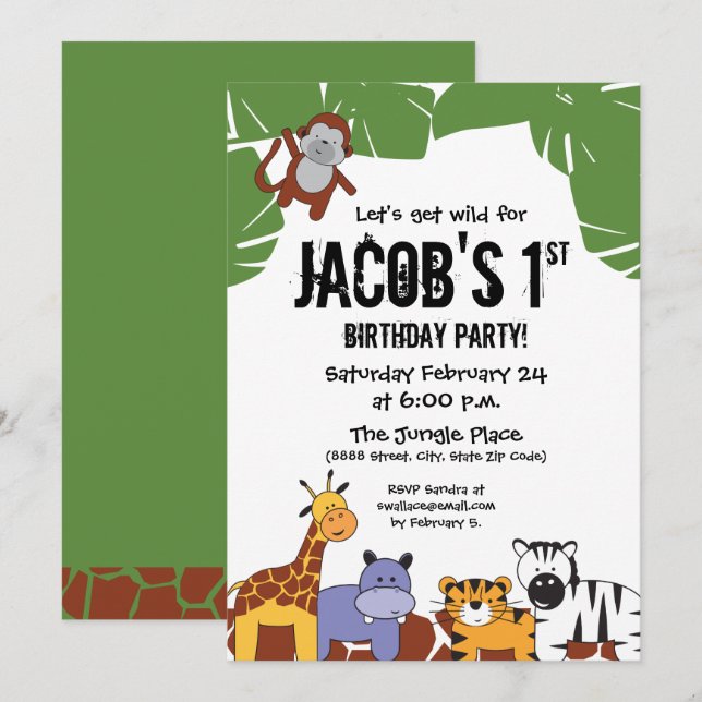 "Låt oss få vild", Jungle 1:a födelsedagen med dju Inbjudningar (Fram/baksida)