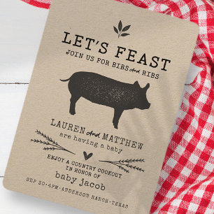 Låt oss Feast! Babykläder i Modern Land Rustic BBQ Inbjudningar