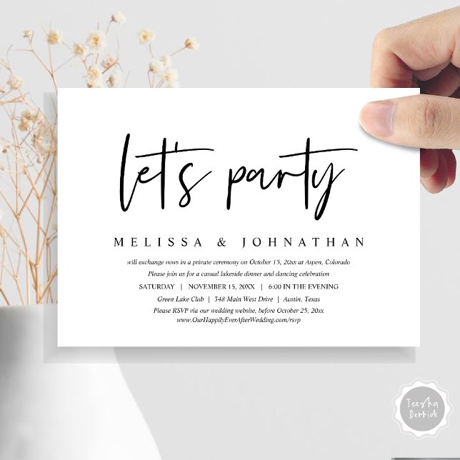Låt oss festa, avslappnad bröllopsflykt middag inbjudningar (Let's Party, Post Wedding Elopement Dinner and Party Celebration Invitation Card, in Black and White)