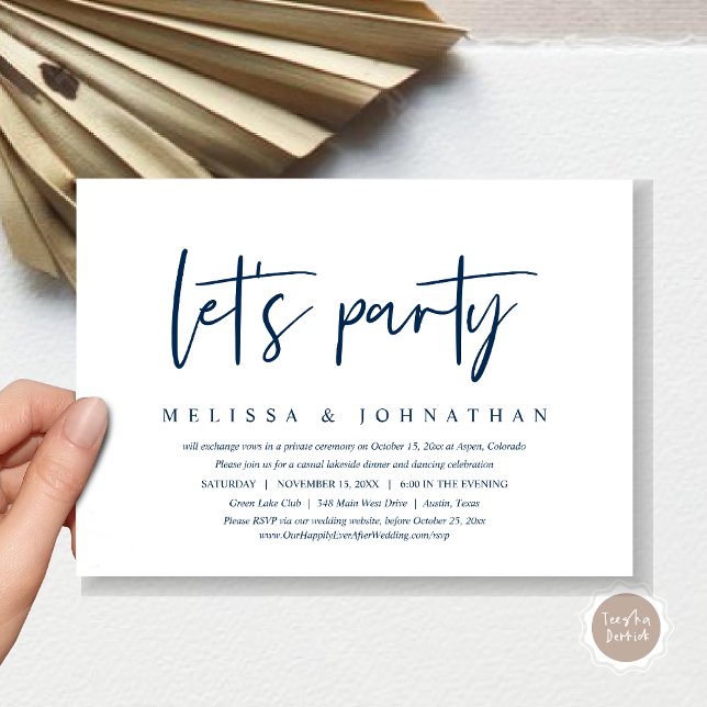 Låt oss festa, avslappnad bröllopsflykt middag inbjudningar (Let's Party, Post Wedding Elopement Dinner and Party Celebration Invitation Card, in Navy Blue)