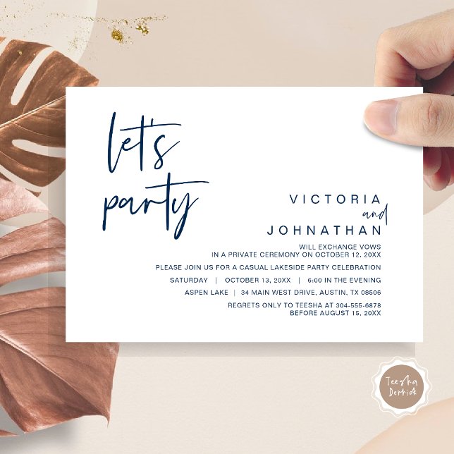 Låt oss festa, bröllopsfirande inbjudan (Let's Party, Wedding Elopement Dinner Invitation Card, Modern Minimalist Script, in Navy Blue)