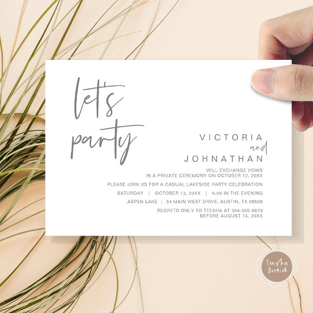 Låt oss festa, bröllopsfirande partyinbjudan inbjudningar (Let's Party, Wedding Elopement Dinner Invitation Card, Modern Minimalist Script, in Dark Grey)