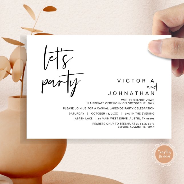 Låt oss festa, Bröllopsflyktfest Inbjudningar (Let's Party, Wedding Elopement Dinner Invitation Card, Modern Minimalist Script, in Black and White)