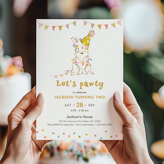 Låt oss festa Hund-tema Barnets 2-års födelsedagsf Inbjudningar (Skapare uppladdad)