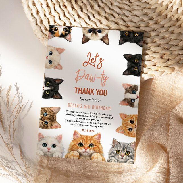 Låt oss festa Katt 5-årsdag | Anpassad födelsedag  Tack Kort (Let's Pawty Cat 5th Birthday | Custom Birthday Kid Thank You Card
)