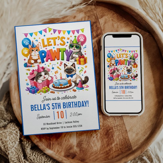 Låt oss festa Katt 5-årsdag | Söt katts födelsedag Inbjudningar (Let’s Pawty Cat 5th Birthday | Cute Kitty Birthday Invitation
)