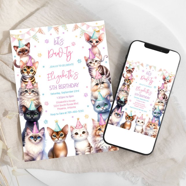 Låt oss festa Kitten-fest Katt-födelsedag Inbjudningar (Skapare uppladdad)