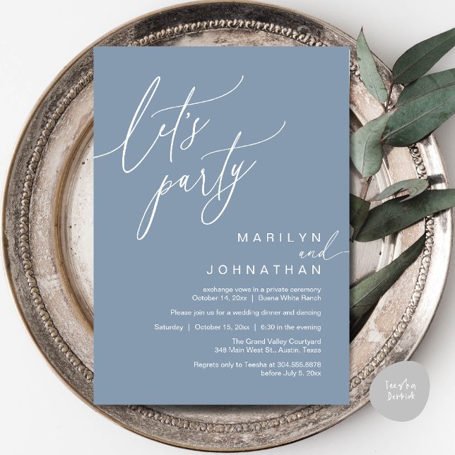 Låt oss festa, modern romantisk bröllopsfest inbjudningar (Let's Party, Modern Romantic Wedding Reception Dinner Invitation Card in Dusty Blue)