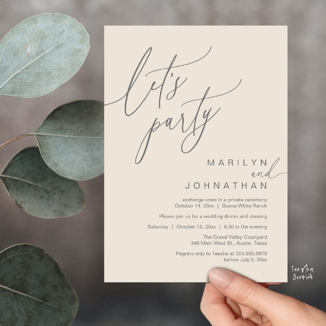 Låt oss festa, modern romantisk bröllopsfest inbjudningar (Let's Party, Modern Romantic Wedding Reception Dinner Invitation Card in Cream Grey)