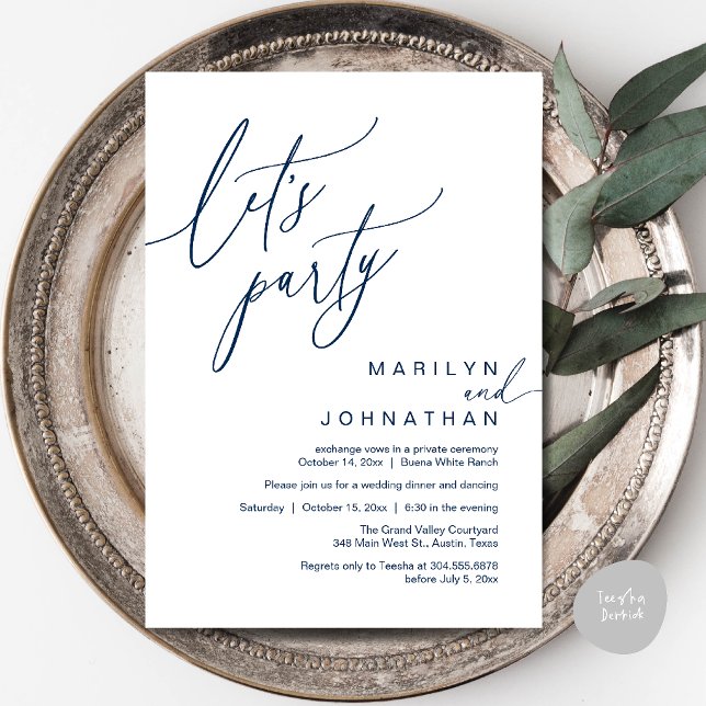 Låt oss festa, modern romantisk bröllopsfest inbjudningar (Let's Party, Modern Romantic Wedding Reception Dinner Invitation Card in Navy Blue)
