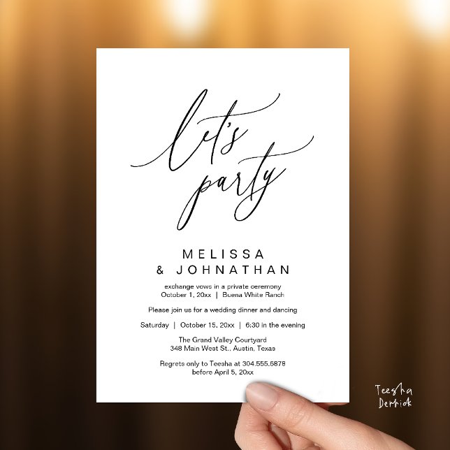 Låt oss festa, Modern Romantisk Bröllopsmottagning Inbjudningar (Let's Party, Modern Romantic Wedding Reception Dinner and Dancing Invitation Card in Black and White)