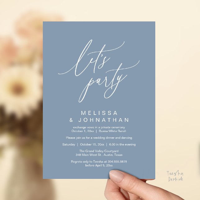 Låt oss festa, modern romantisk bröllopsmottagning inbjudningar (Let's Party, Modern Romantic Wedding Reception Dinner and Dancing Invitation Card in Dusty Blue)
