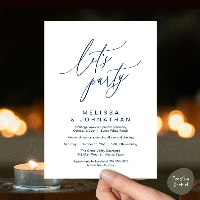 Låt oss festa, modern romantisk bröllopsmottagning inbjudningar (Let's Party, Modern Romantic Wedding Reception Dinner and Dancing Invitation Card in Navy Blue)