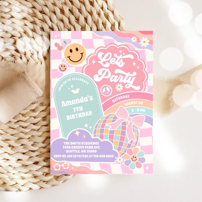 Låt oss festa moln regnbåge disco födelsedagsinbju inbjudningar (Skapare uppladdad)