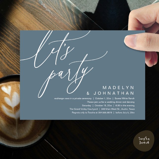 Låt oss festa, Romantisk bröllopsmiddag och dans Inbjudningar (Let's Party, Romantic Charm Wedding Dinner Dancing Lunch Brunch Invitation Card PDF Dusty Blue)