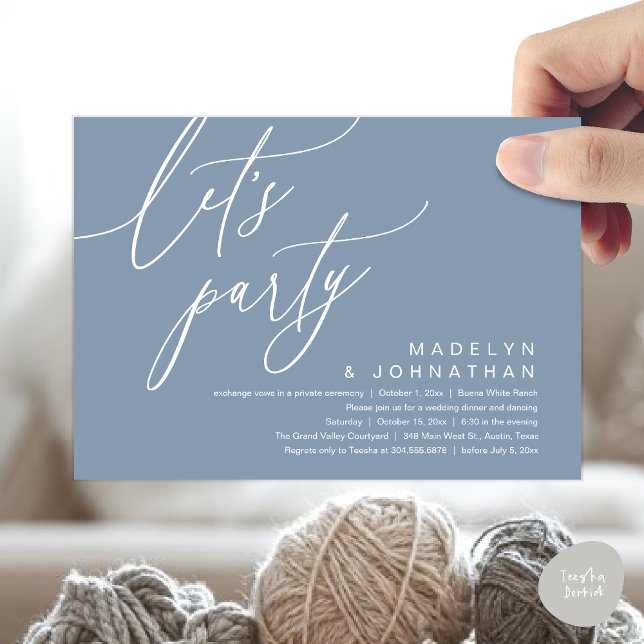 Låt oss festa, Romantisk bröllopsmiddag och dans Inbjudningar (Let's Party, Romantic Charm Wedding Dinner Dancing Lunch Brunch Invitation Card PDF Dusty Blue)