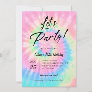 Låt oss festa, rosa tie dye födelsedagsfest inbjudningar