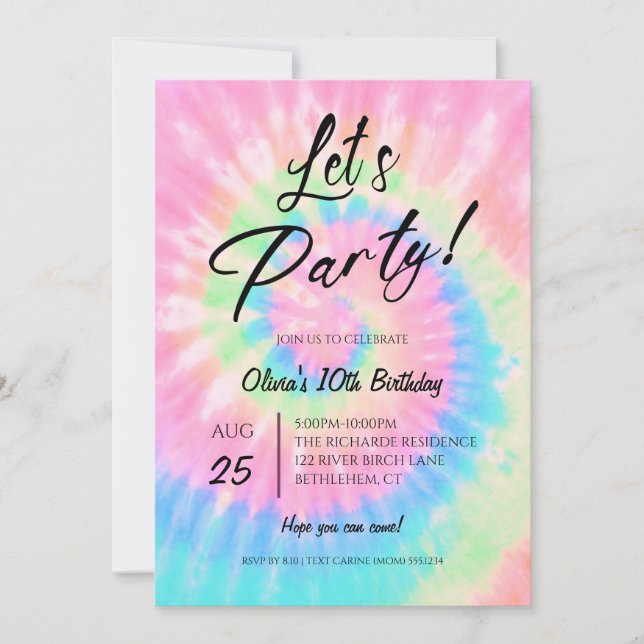 Låt oss festa, rosa tie dye födelsedagsfest inbjudningar (Framsida)