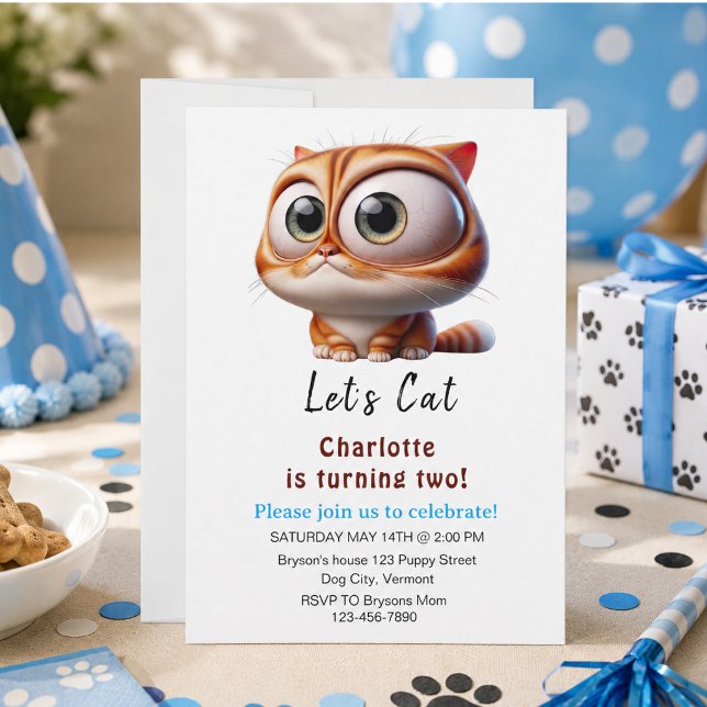 Låt oss festa! Söt katt 2-års födelsedagsfest  Inbjudningar (Let's Pawty! Cute Cat 2nd Birthday Party Invitation)