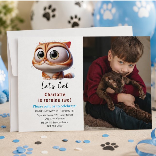 Låt oss festa! Söt katt 2-års födelsedagsfoto Inbjudningar (Let's Pawty! Cute Cat 2nd Birthday Party Photo Invitation)