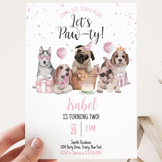 Låt oss festa Tjej Hund Födelsedag Inbjudningar (Skapare uppladdad)