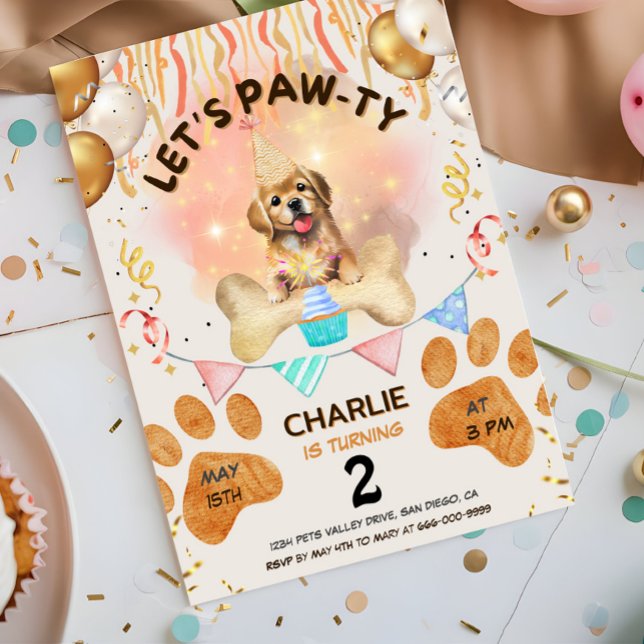 Låt oss festa Valp Vattenfärg Födelsedagsfirande Inbjudningar (Lets pawty dog birthday watercolor party invitation)