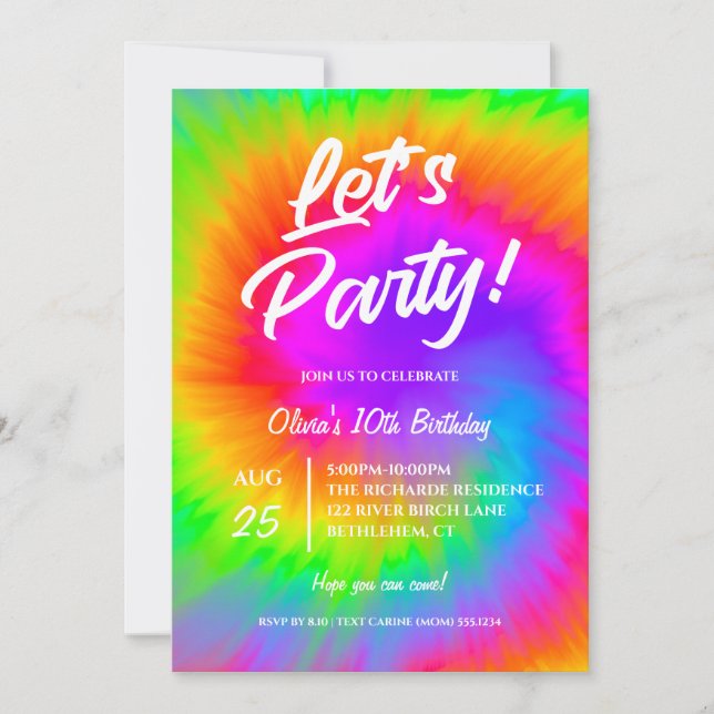 Låt oss festa Vibrant Tie Dye  födelsedagsfest Inbjudningar (Framsida)