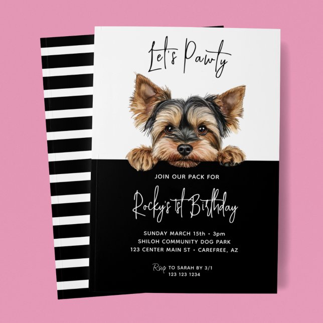Låt oss festa Yorkshire Terrier Hund 1-årsdag Inbjudningar (Skapare uppladdad)