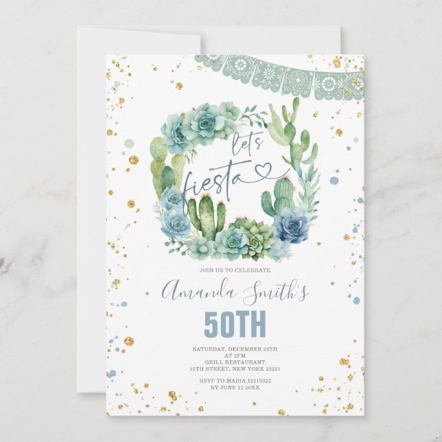 Låt oss Fiesta Blue Cactus Blommigt oavsett ålder Inbjudningar (Framsida)