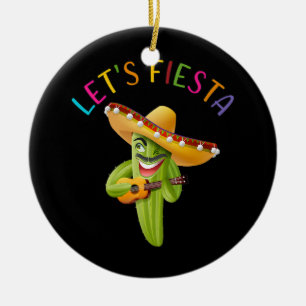 Låt oss Fiesta Cactus Sombrero Hat Guitar Cinco De Julgransprydnad Keramik