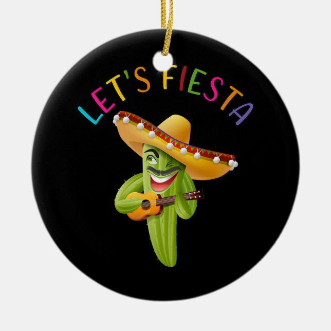 Låt oss Fiesta Cactus Sombrero Hat Guitar Cinco De Julgransprydnad Keramik (Framsidan)