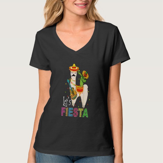 Låt oss Fiesta Llama Cinco De Mayo Cactus Sombrero T Shirt (Framsida)