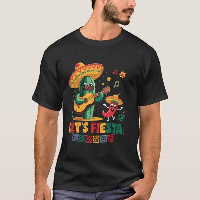 Låt oss fiesta Mexiko Fiesta Taco Gitarr Kaktus Ci T Shirt (Framsida)