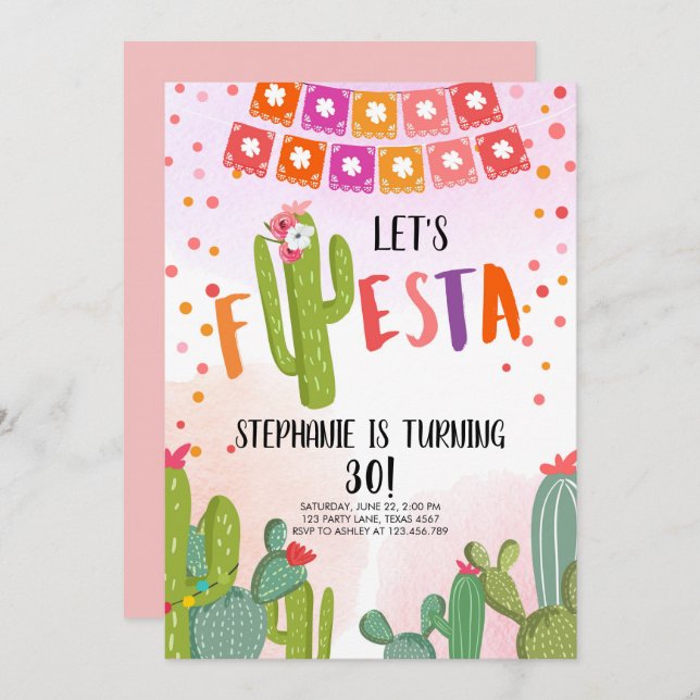 Låt oss Fiesta Party mexikanska Cactus Vuxen födel Inbjudningar (Fram/baksida)