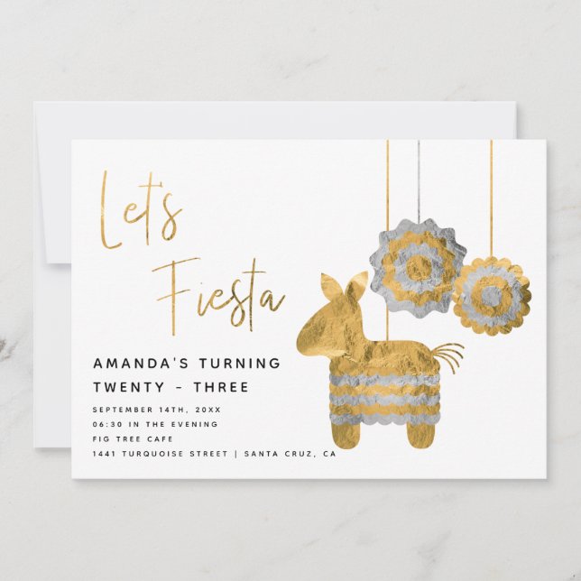 Låt oss Fiesta Piñata Faux Gold Foil-Vuxen Inbjudningar (Framsida)